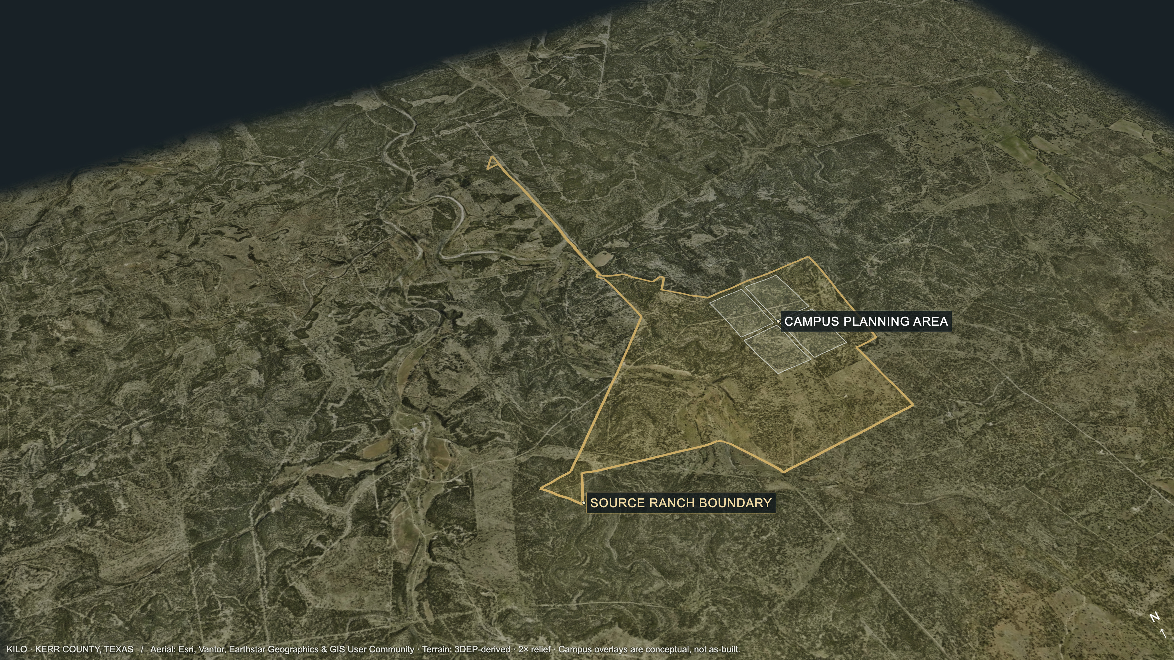 Kilo campus in Kerr County — ranch boundary, terrain, and planned campus zones